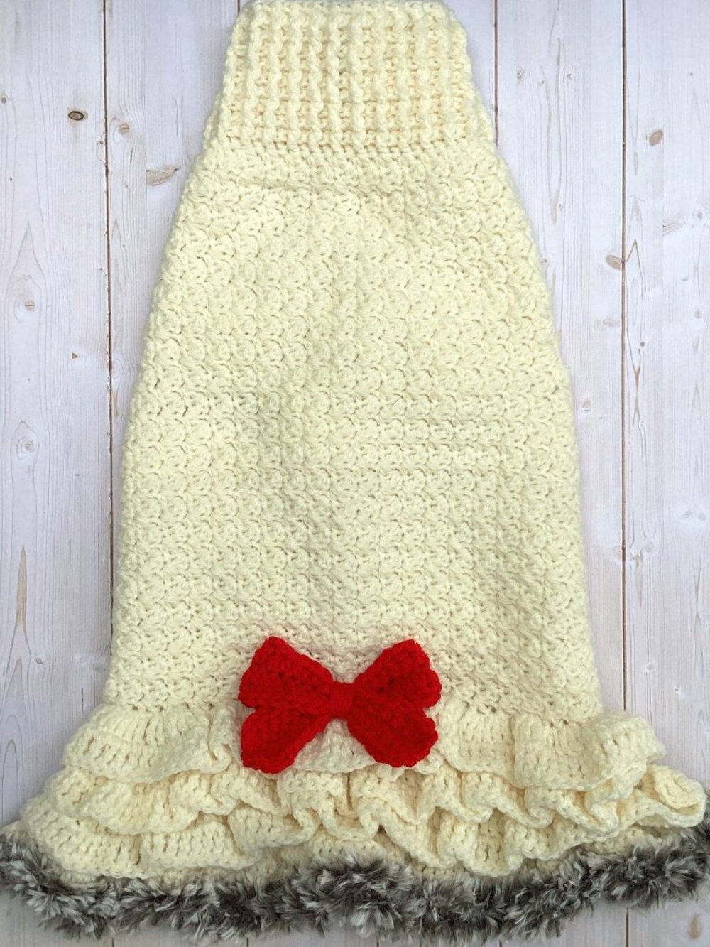 Handmade Crocheted Ruffle Dog Dress with Red Bow (Size Medium)